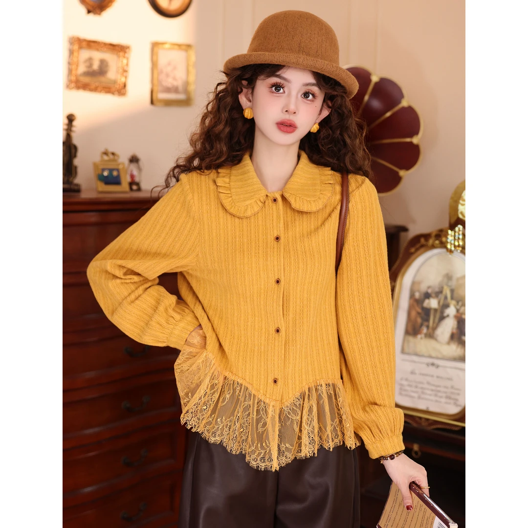 陈大器【橘子熟了】复古港风蕾丝长袖百搭宽松上衣衬衫JB3328348