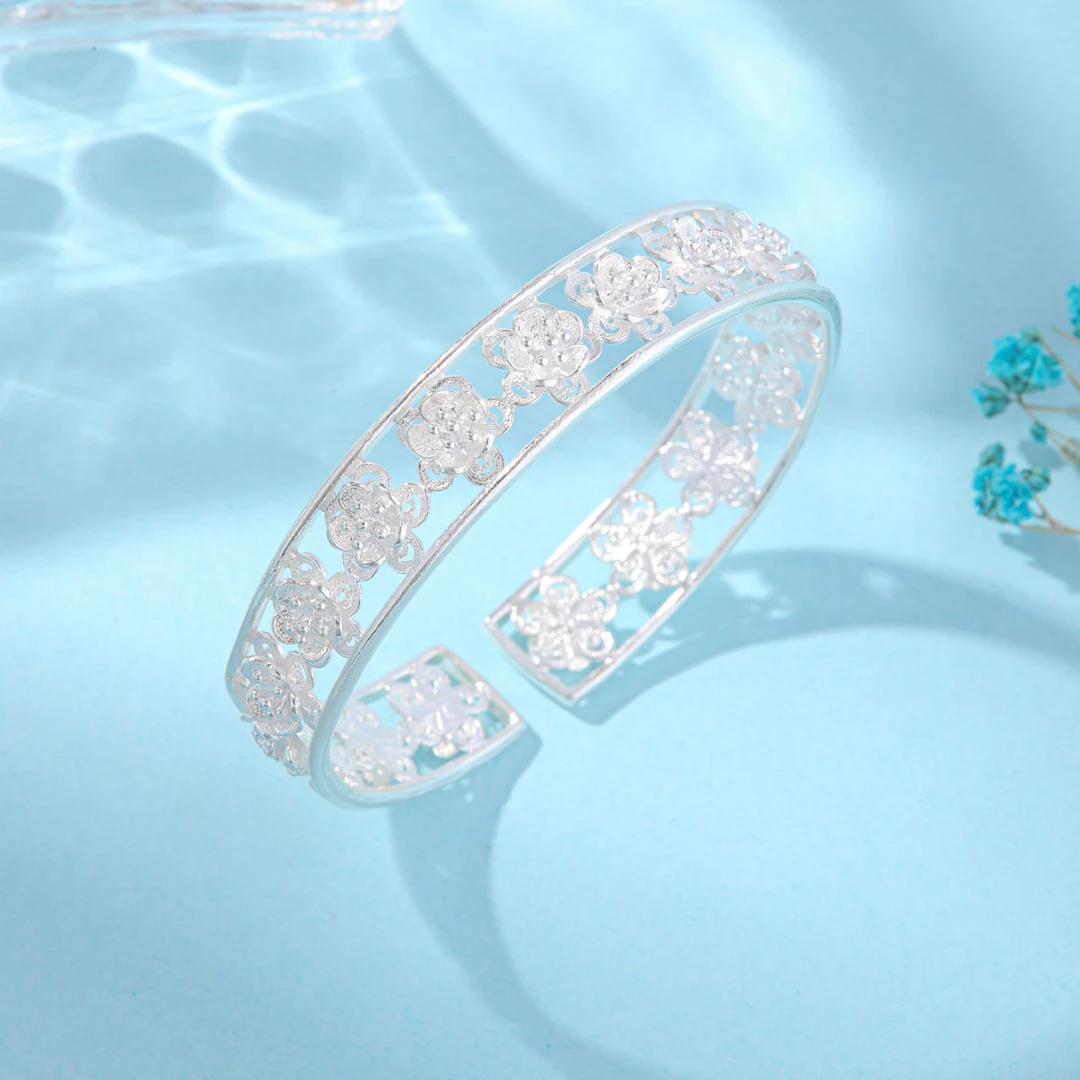 足银手镯 足银幸福花丝镂空手镯