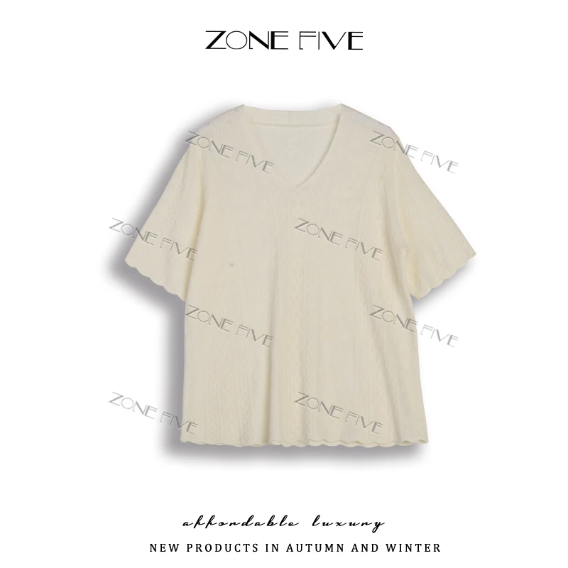【zonefive】v领慵懒风时尚T恤女百搭夏季短袖新款时尚设计感气质衫