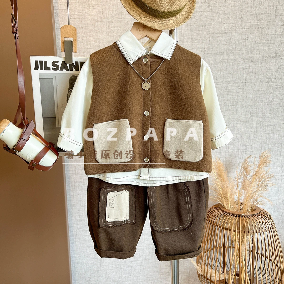 啵小爸【枫糖蛋糕】2025秋季男童韩系休闲口袋毛衣马甲三件套