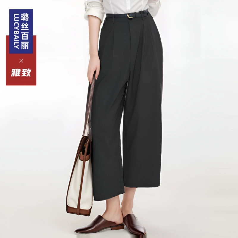 璐丝百丽 242788 阔腿裤女新款九分裤黑色时尚宽松西装裤子