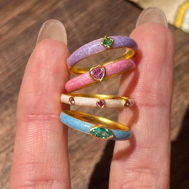 铜合金戒指 马卡龙色系套装彩色仿锆石滴油开口戒指女小众设计感