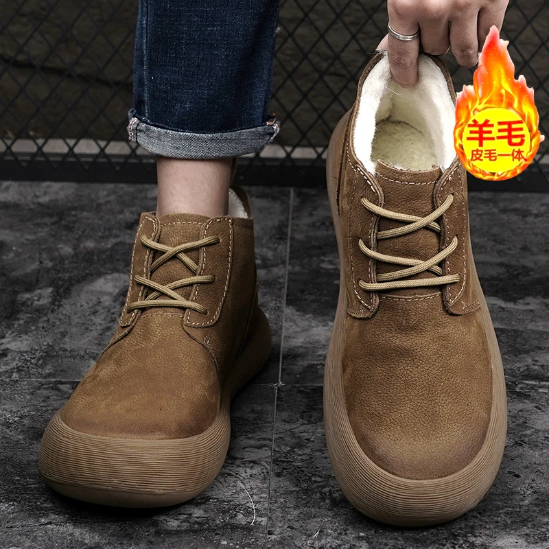 冬季羊毛皮毛一体头层牛皮系带保暖厚底时尚真皮鞋休闲男鞋