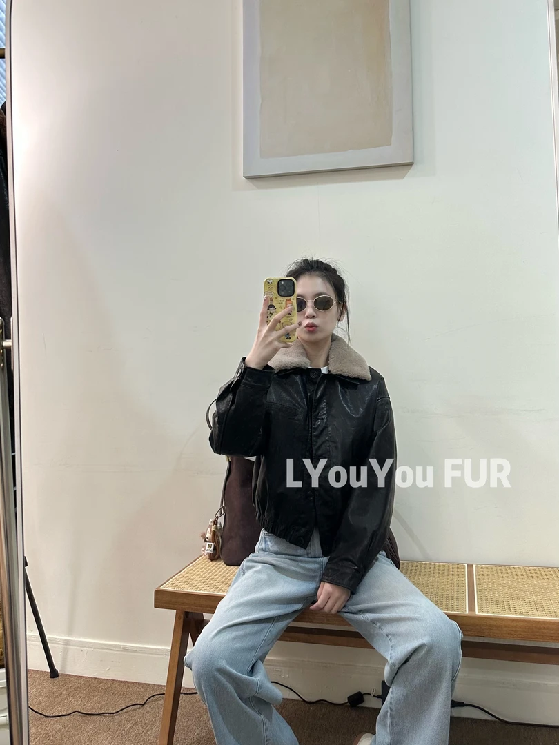 『李由由』LYouYou CLOTHES 皮加棉绵羊毛毛领油蜡牛皮衣外套-60901