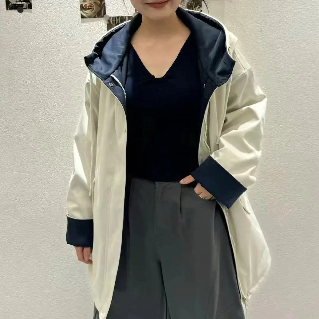 扣号~新款韩系撞色风衣外套女百搭气质连帽大衣宽松休闲上衣潮