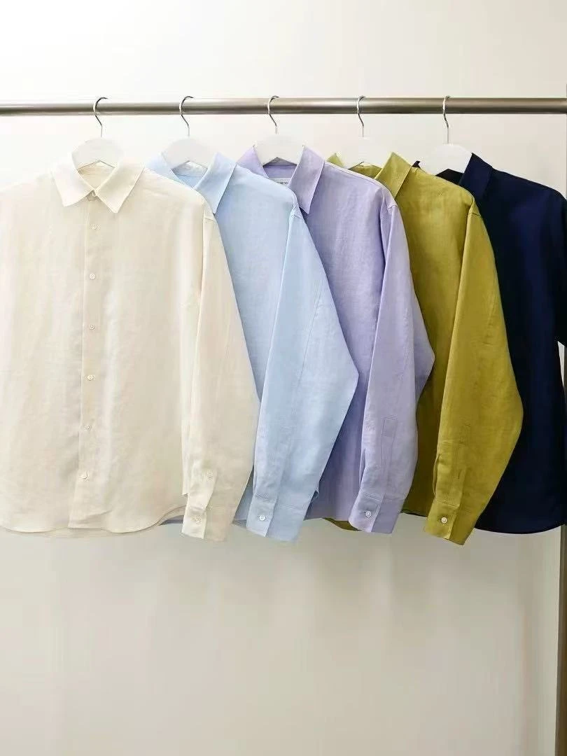 Helvetica韩国正品代购2025春夏季韩系翻领纯色亚麻长袖衬衫