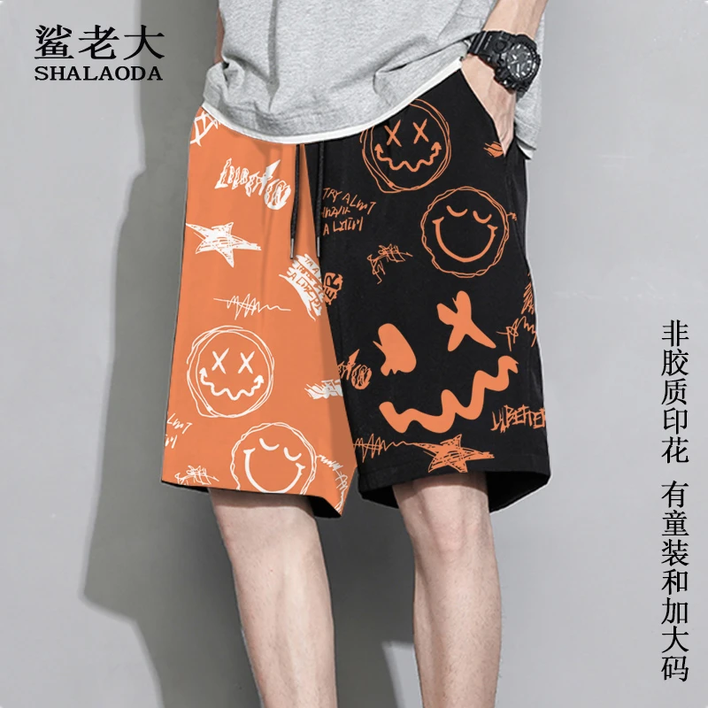 2025新款短裤男ins潮牌涂鸦笑脸印花五分裤大码加肥夏季沙滩裤子