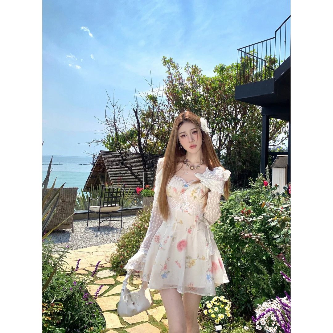 DREAM SEVEN77 短款碎花吊带连衣裙收腰仙气裙子QL86819+QT75400