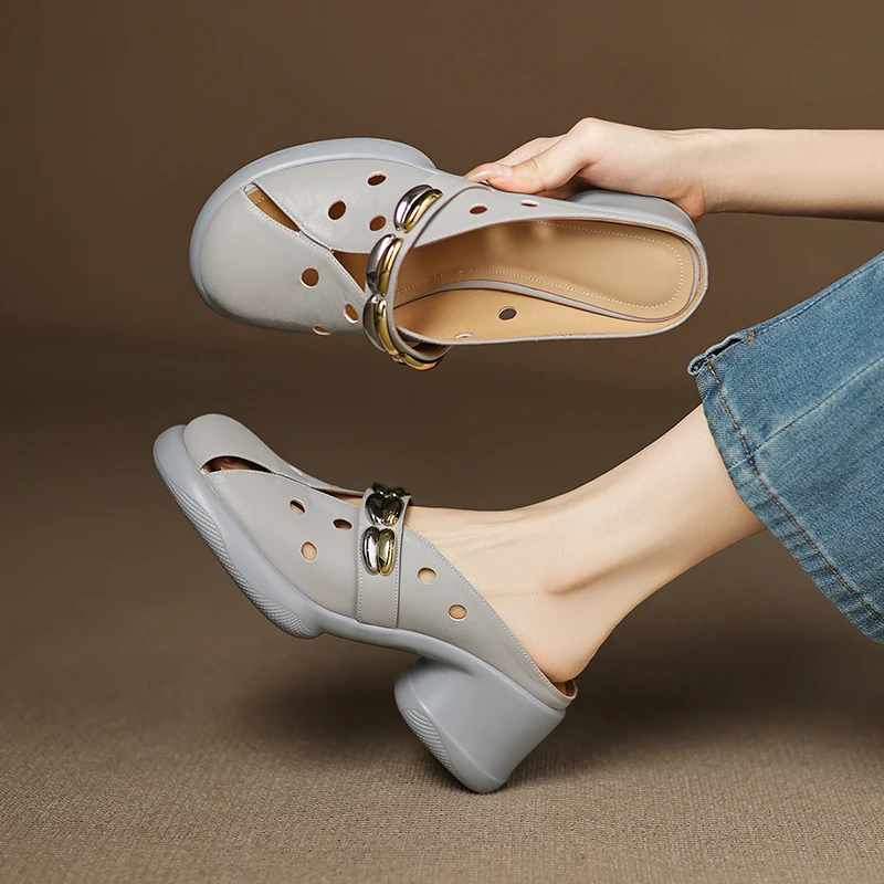 羊皮/6cm/高跟凉鞋胶粘鞋网红春季包头包头拖修面皮粗跟时尚白色