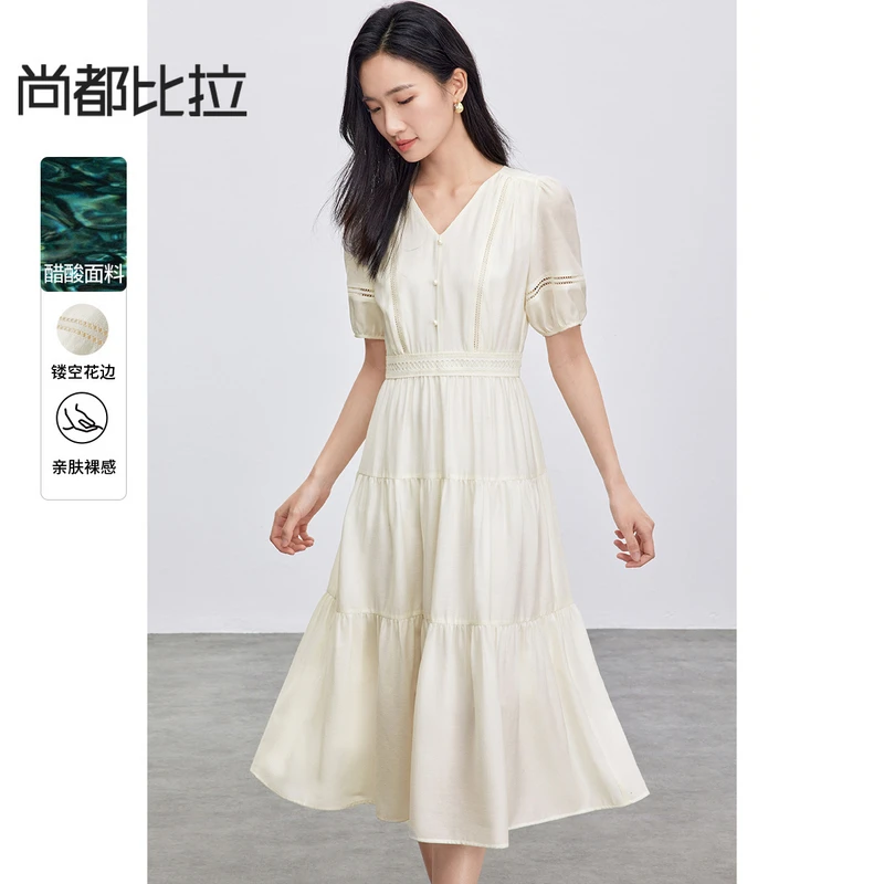 尚都比拉镂空花边连衣裙女夏季2025新款V领泡泡袖蛋糕裙茶歇裙子