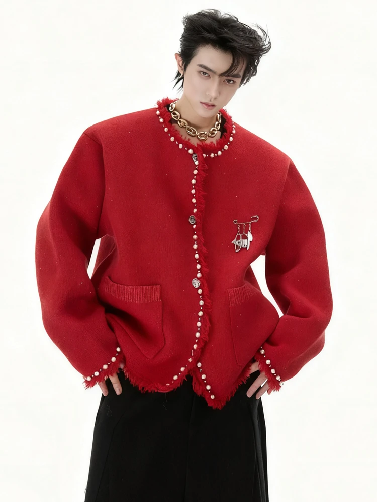 高级感小众珍珠点缀开衫秋冬毛衣男别针贵气轻奢宽松针织衫外套