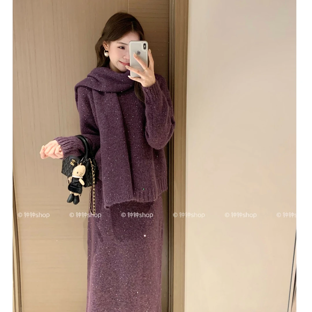 秋冬三件套装女法式慵懒风穿搭围巾气质女神范半身裙套装女#819