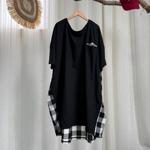 5891三色拼接气质复古大码显瘦格子连衣裙