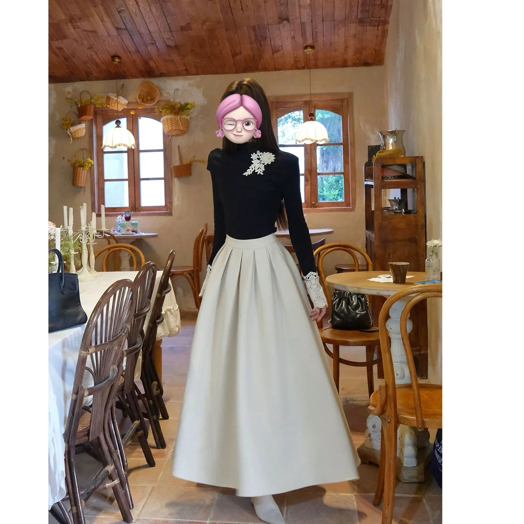 「星夜繁花」长袖简约百搭新潮冬季气质上衣A版垂感半身裙两件套