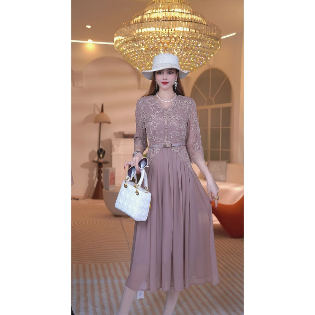 暖长裙夏季宴会树脂固色气质法式优雅长款短袖连衣裙1023