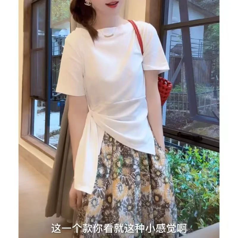 气质女神 韩国时尚腰间系带设计遮肉显瘦斜肩短袖T恤上衣女