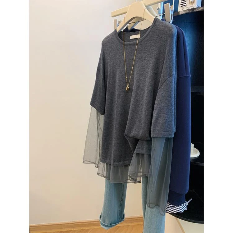 灰色网纱裙摆拼接长袖t恤女2025夏季新款设计感假两件防晒衫上衣