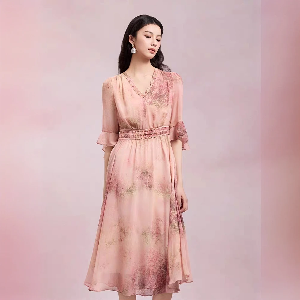 SENKNI圣可尼优雅荷叶边袖连衣裙粉色印花雪纺裙子女S161246ND