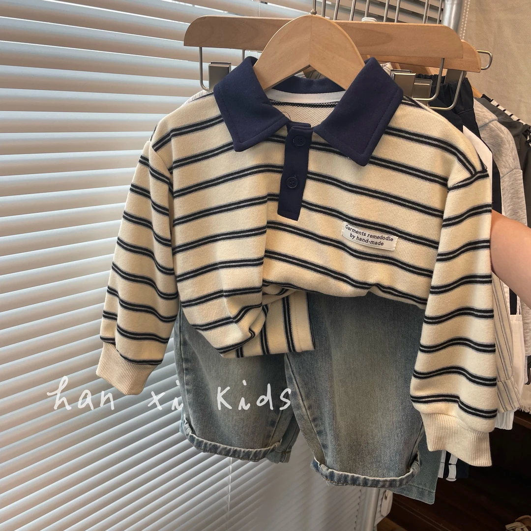 超好版型！韩国男女童洋气条纹Polo衫儿童宽松百搭休闲卫衣2025春