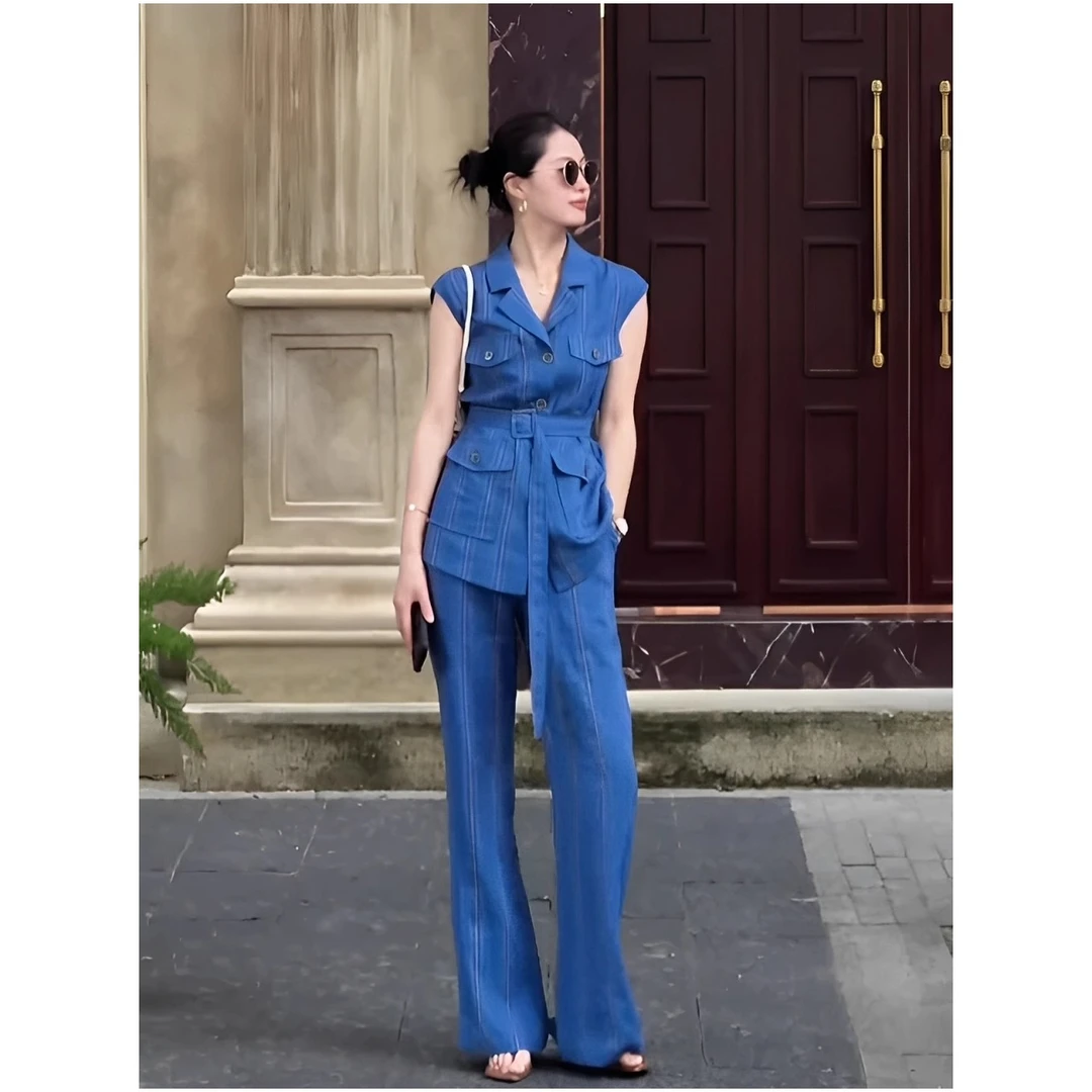 老钱风贵气感御姐穿搭气质通勤蓝色条纹马甲阔腿裤气质套装女夏季