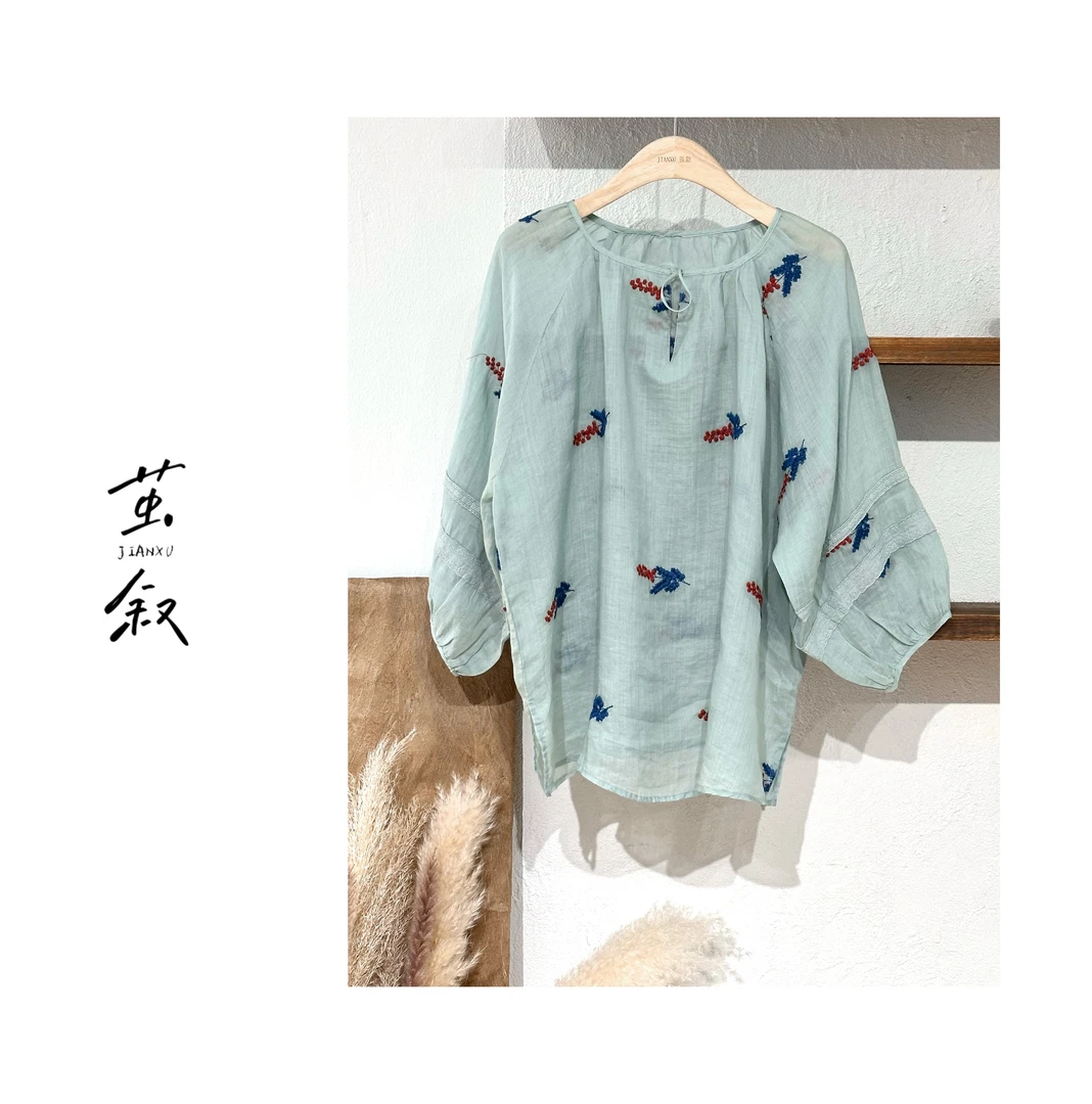 JIAN.XU【森沫】夏季新款纯苎麻宽松甜美系带刺绣文艺  66 120