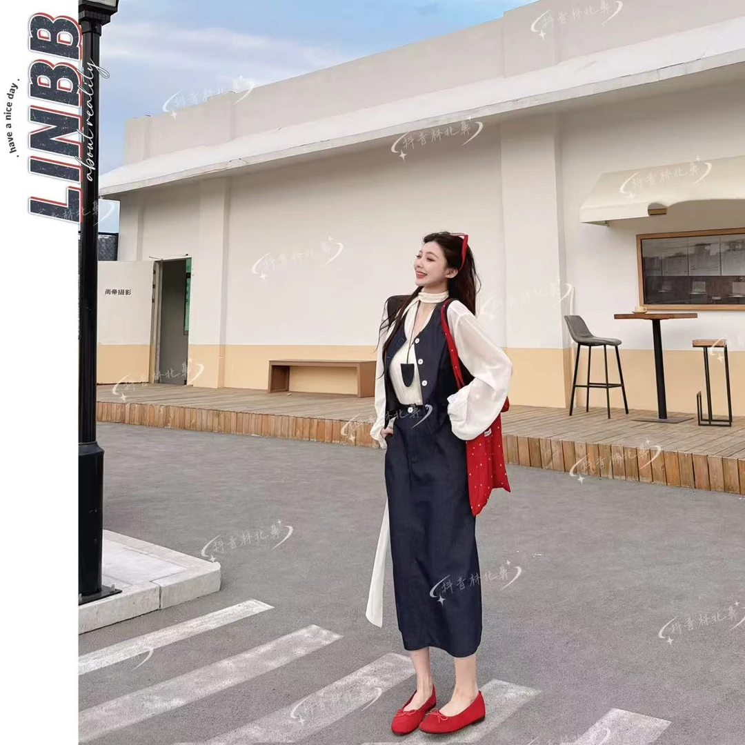 林北鼻-【搭配师】韩单东大门显瘦休闲棉马甲➕长裙套装