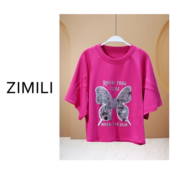 【亮哥女装】2025欧货玫红色蝴蝶烫钻休闲重工高克重短袖8050