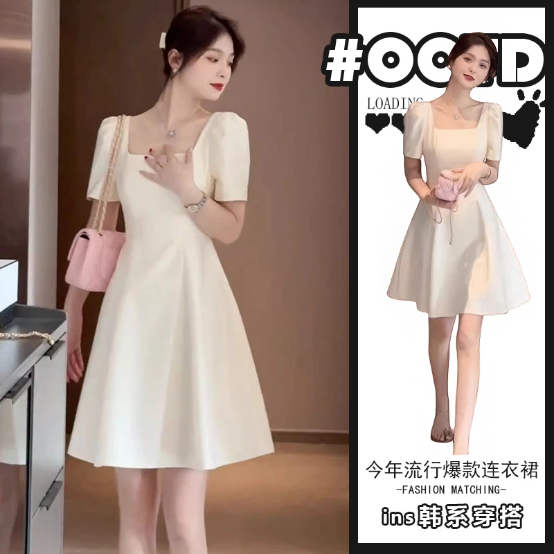 少女感别致穿搭方领显瘦连衣裙女2025夏季法式洋气收腰遮胯A字裙