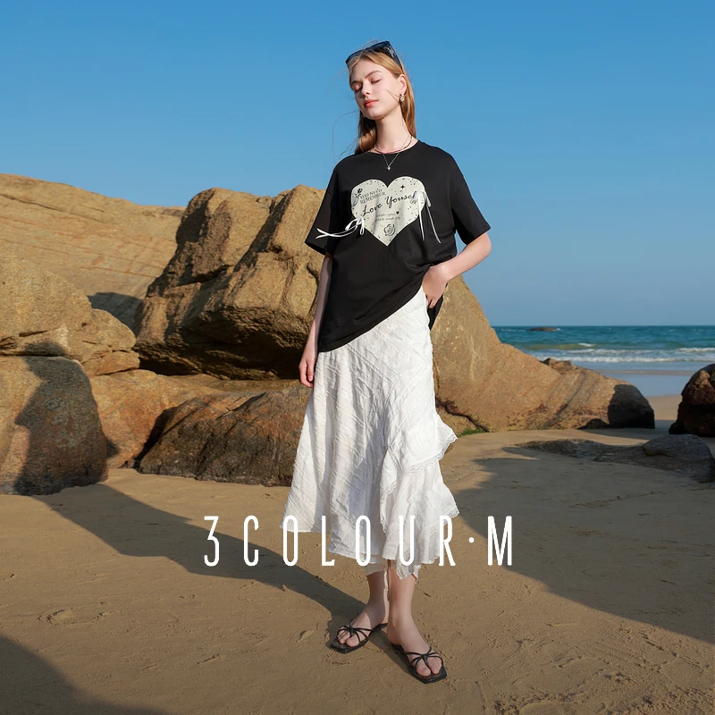 三彩2025夏季新款白月光半身裙蕾丝拼接不对称A字dbx