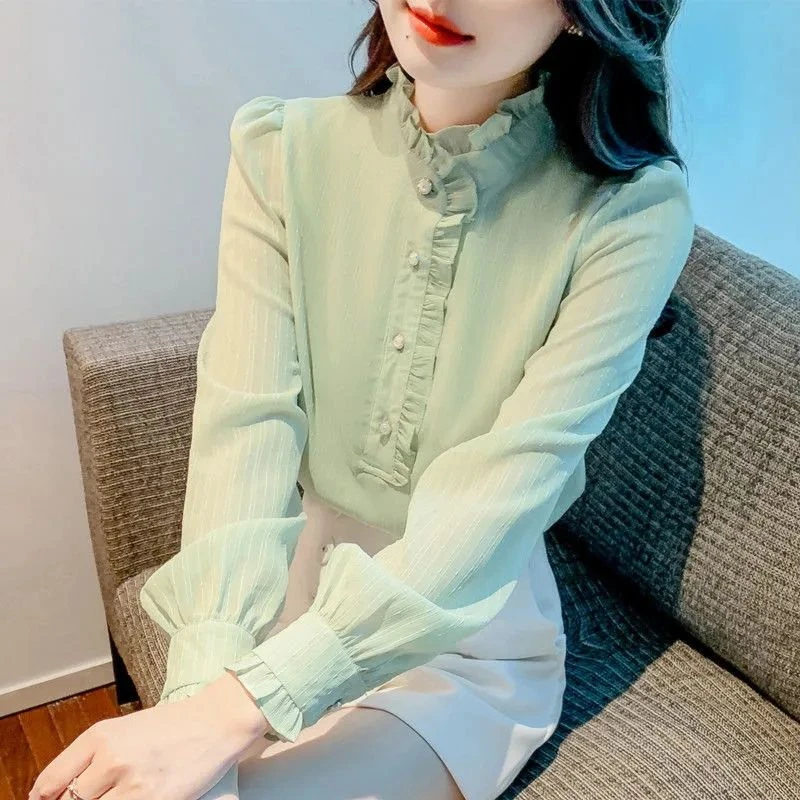 2024春季新款法式蕾丝雪纺衫女时髦立领花边拼接长袖优雅百搭上衣