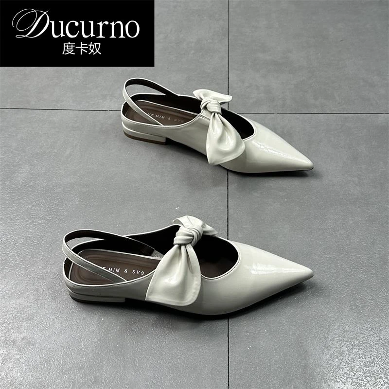 DUCURNO 欧货2025夏季新款真皮尖头蝴蝶结浅口单鞋女后空平底女鞋