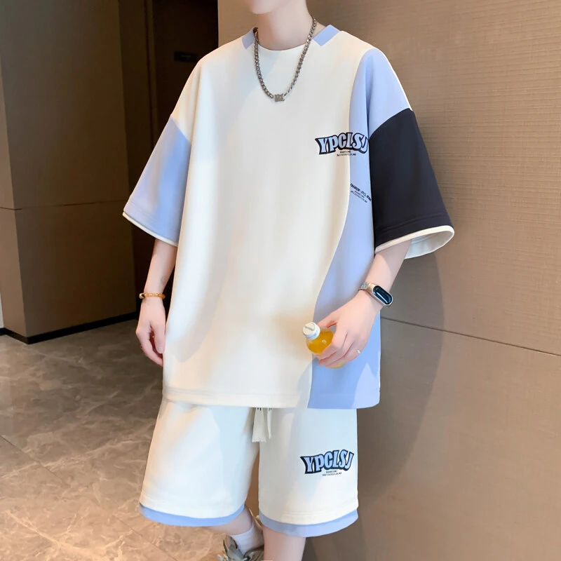 夏季短袖套装男撞色简约百搭休闲帅气透气潮流时尚薄款韩版宽松