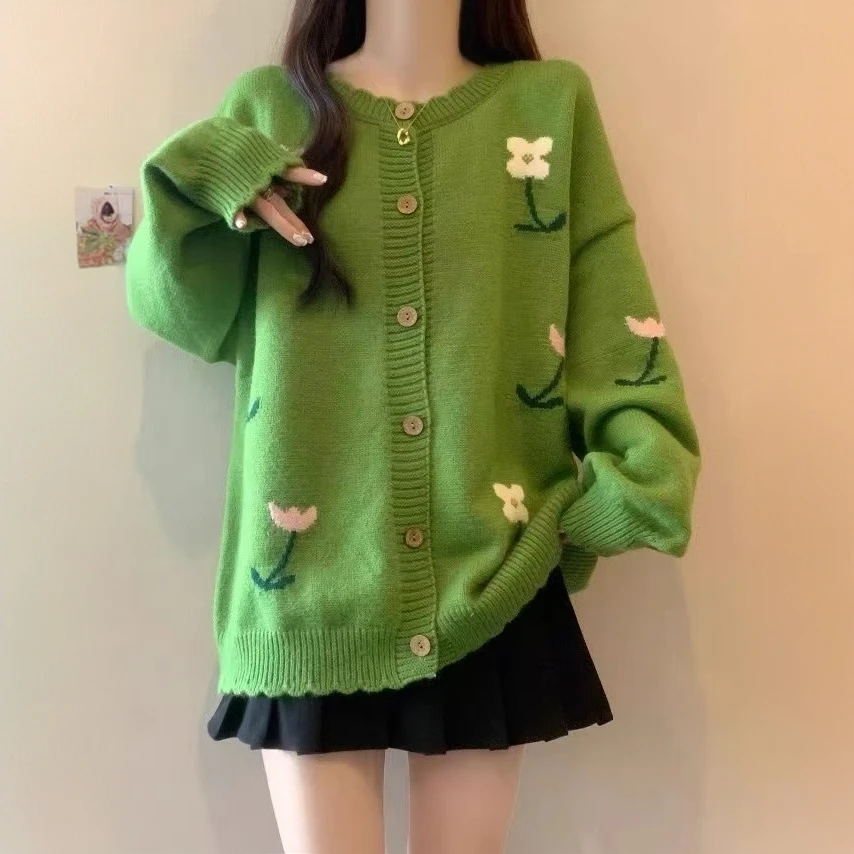 绿色针织开衫刺绣花朵设计感毛衣外套女2025春秋新款独特别致上衣