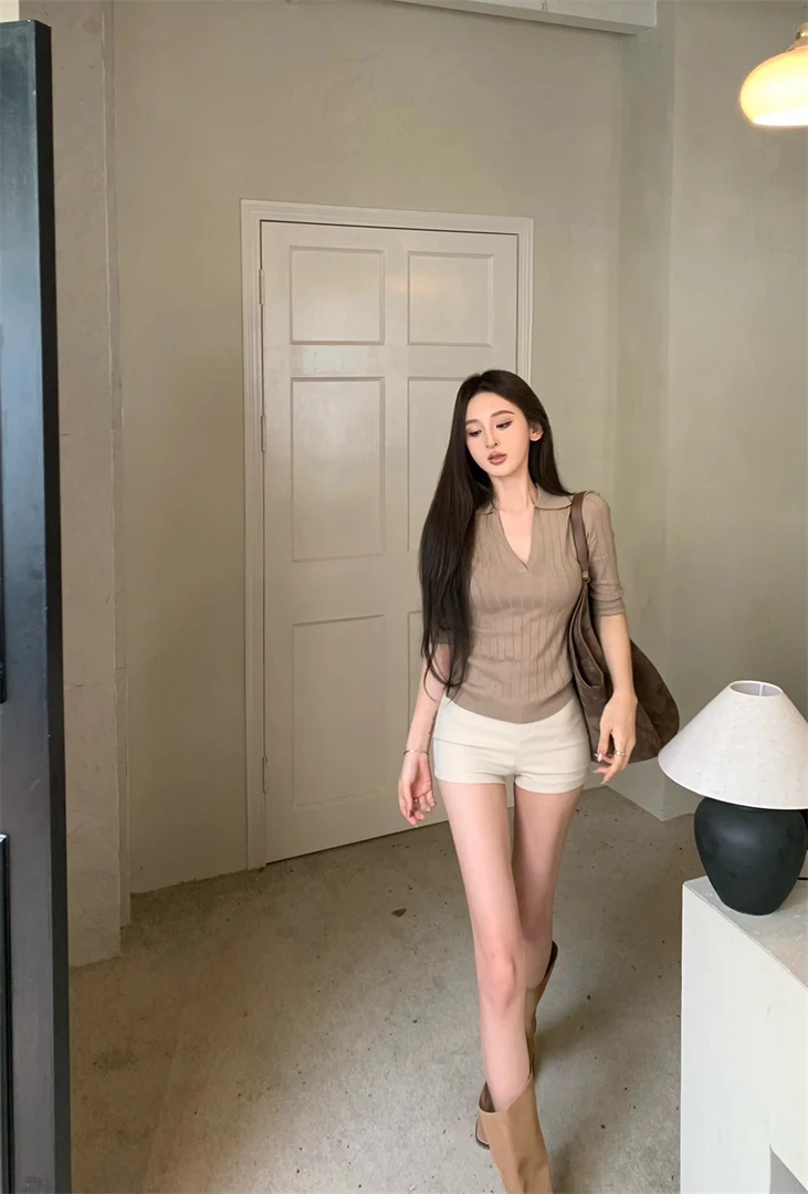 时尚复古简约老钱风针织翻领上衣#A66429