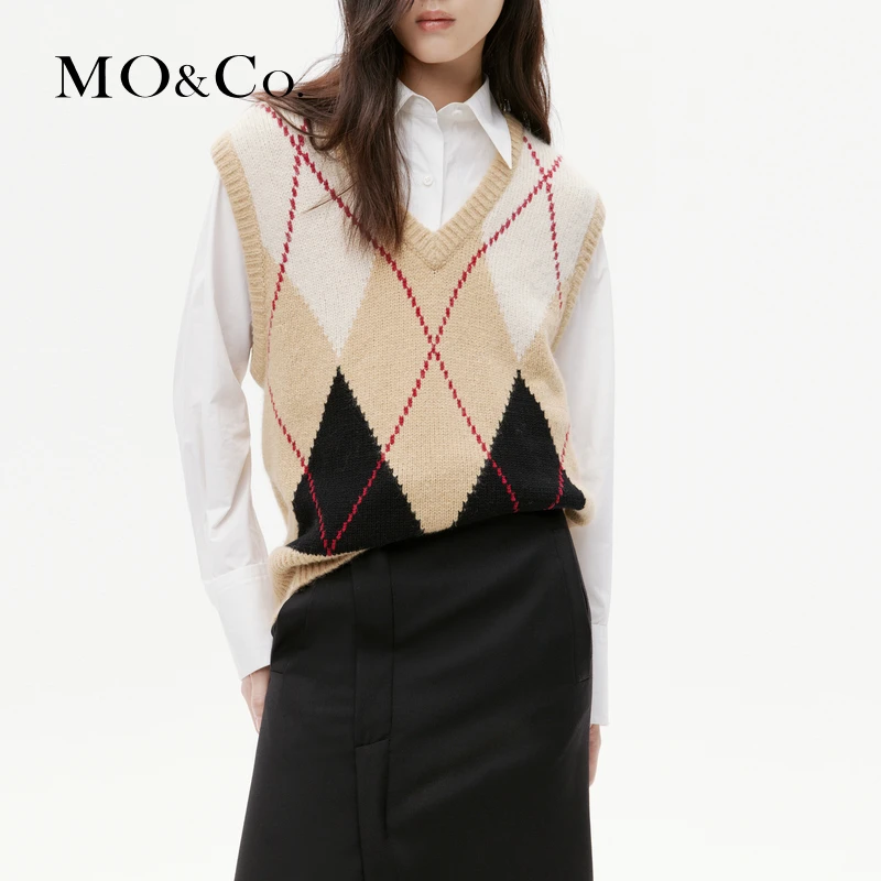 【诗语专属】MOCO冬高含绵羊毛V领宽松廓形毛衣背心MBC4SWT037