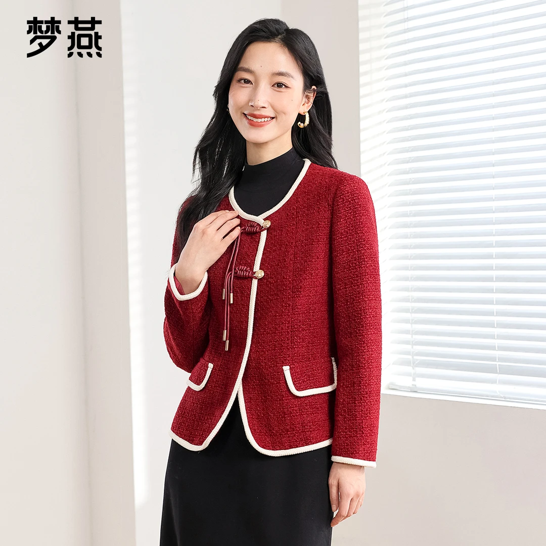 梦燕春秋季女款圆领红色百搭气质短外套时尚小香风上衣AA10B4001D