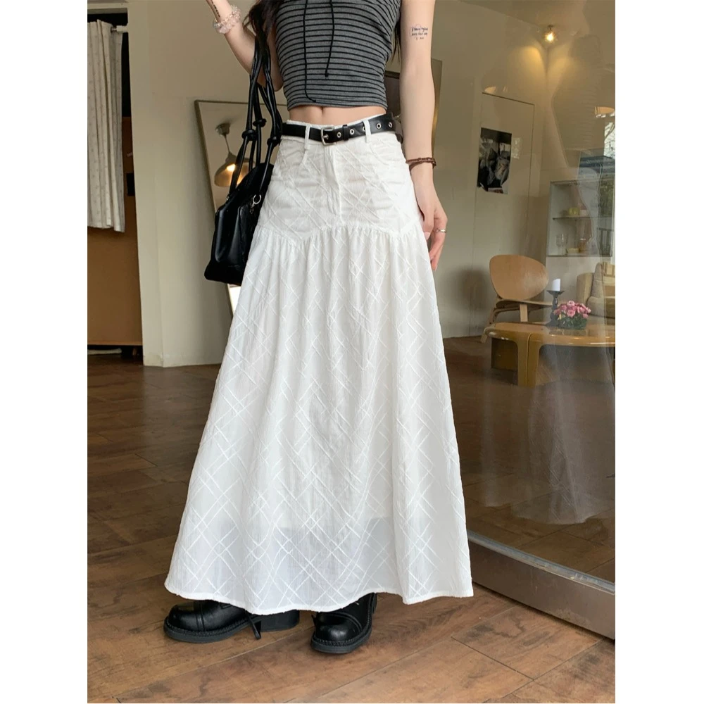 夏季遮肉今年流行爆款立体格纹白色半身裙设计感过膝中长款半裙女