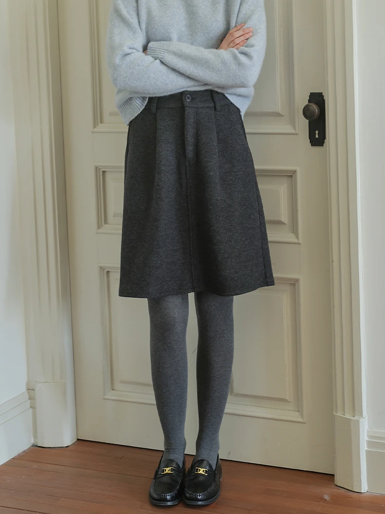 复古纯色小个子毛呢半身裙女秋冬款藏肉花苞裙叠穿高腰a字短裙
