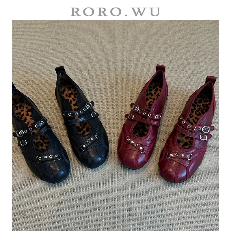 娆娆吴·头层牛皮酷潮个性扣带圆头浅口时尚百搭气质单鞋女鞋A67