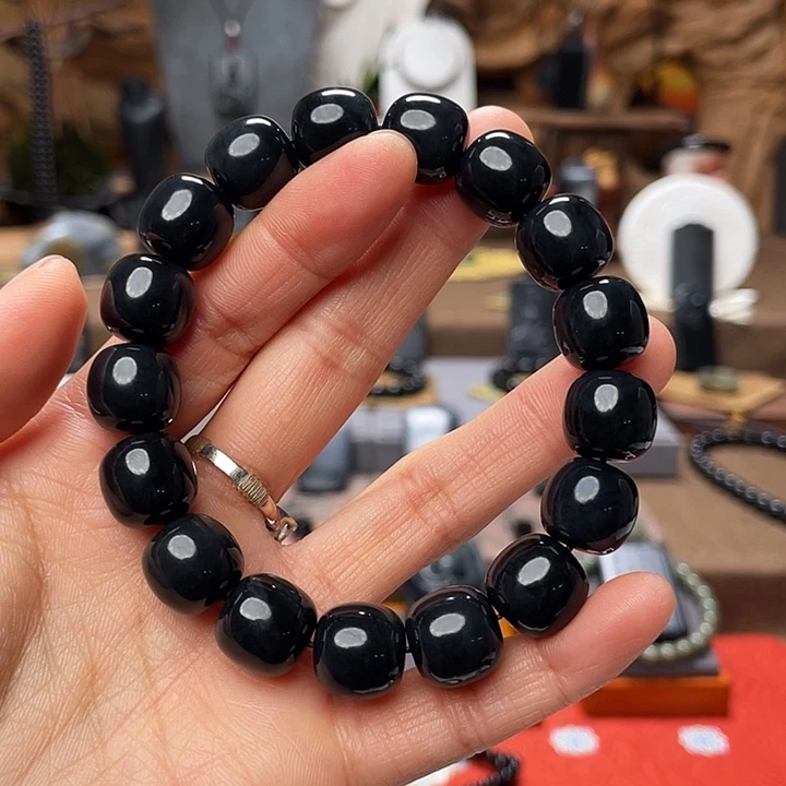 和田玉（墨玉）未镶嵌手串青花墨卡13老型