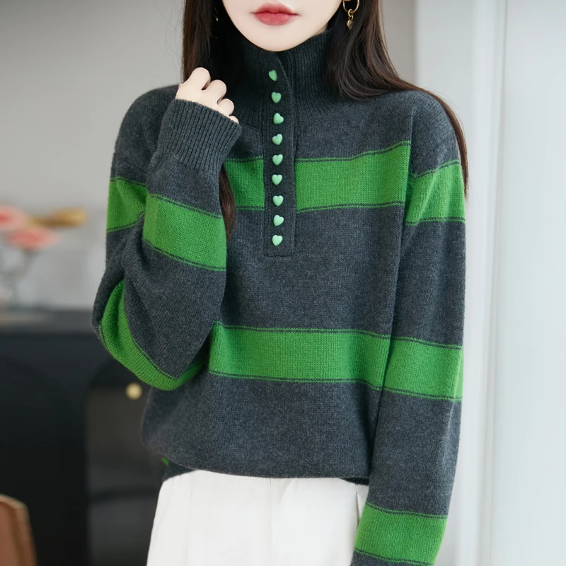 复古条纹撞色半高领毛衣女2025秋冬纽扣半开领加厚保暖打底针织衫