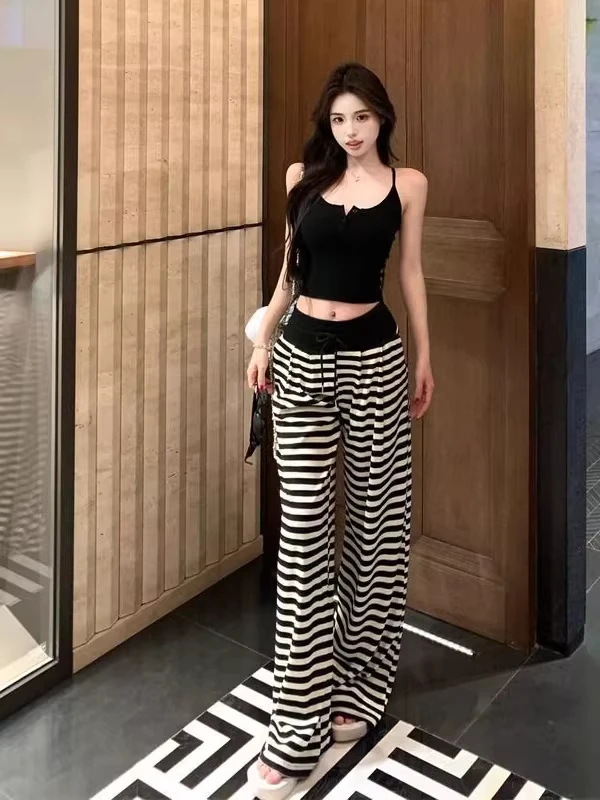 条纹针织阔腿裤女春秋梨型身材慵懒风宽松复古高腰显瘦休闲拖地裤