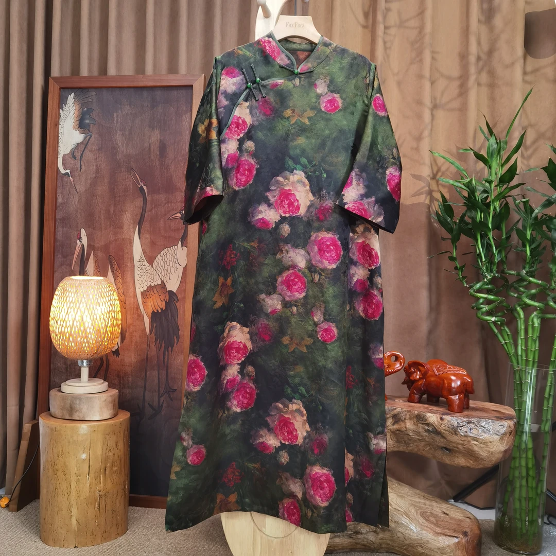 富美国风香云纱连衣裙F6011绿底红玫瑰国风香云纱服装