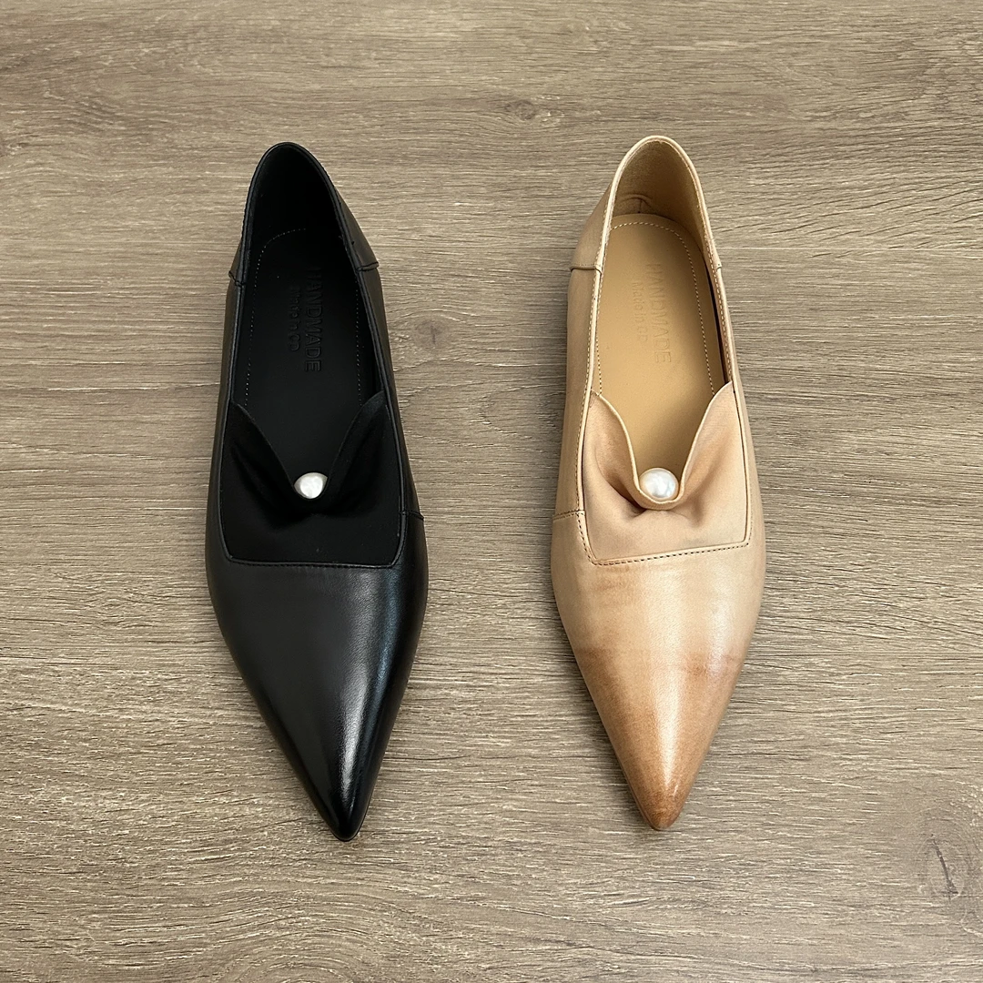 Dannyfrey小众设计感气质珍珠尖头浅口莱卡真皮早春新款简约单鞋