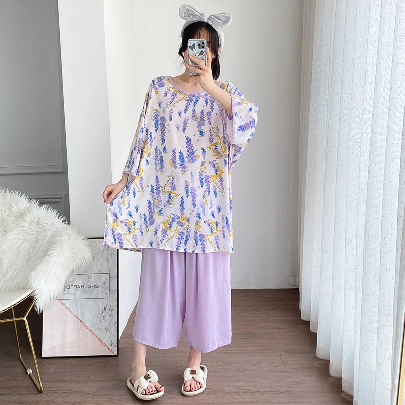 短袖七分裤夏季绵绸新中式睡衣大码宽松胖MM200斤国风配色家居服