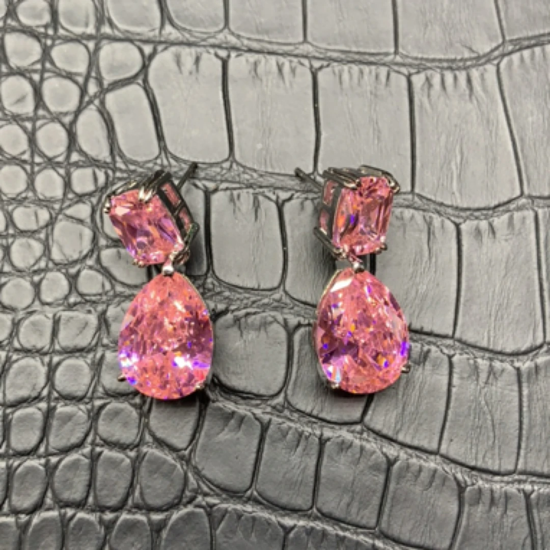 铜合金合成锆石耳饰 帕帕粉冰花切水滴耳钉精致百搭气质轻奢21