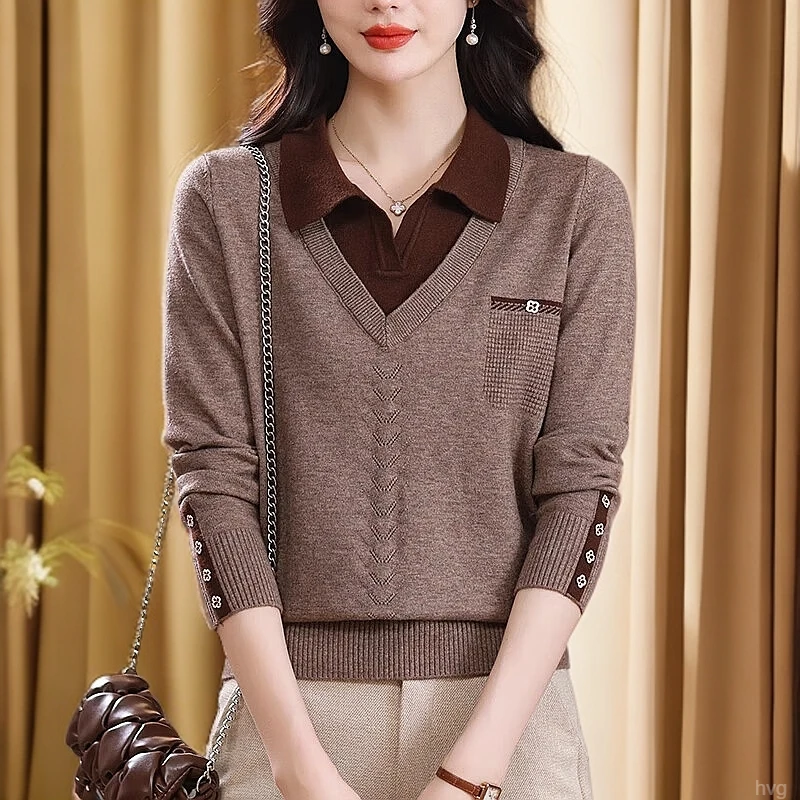 翻领针织毛衣女士V领假两件2025春秋新款打底衫洋气外搭女装百搭