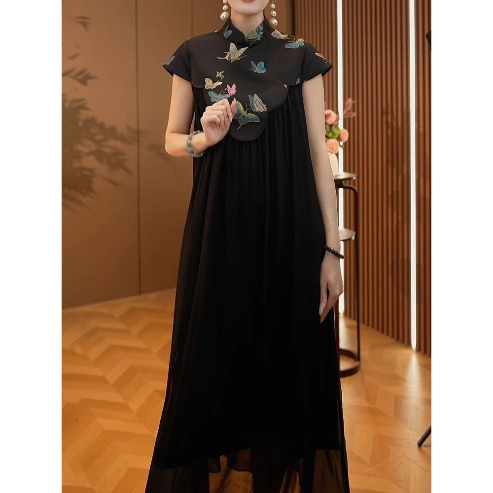 时尚洋气名媛风短袖连衣裙女2025夏季新款洋气拼接立领设计A字裙