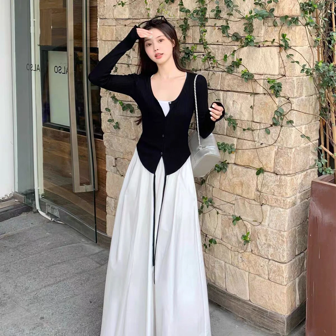 大码2025针织开衫春秋新款长袖外搭上衣气质中长款连衣裙慵懒穿搭