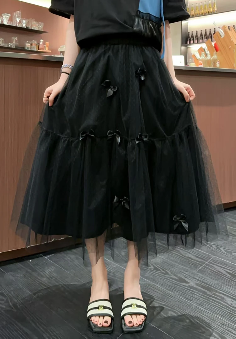 时尚大码蝴蝶结垂感蓬蓬网纱半身裙女夏季新款A字版